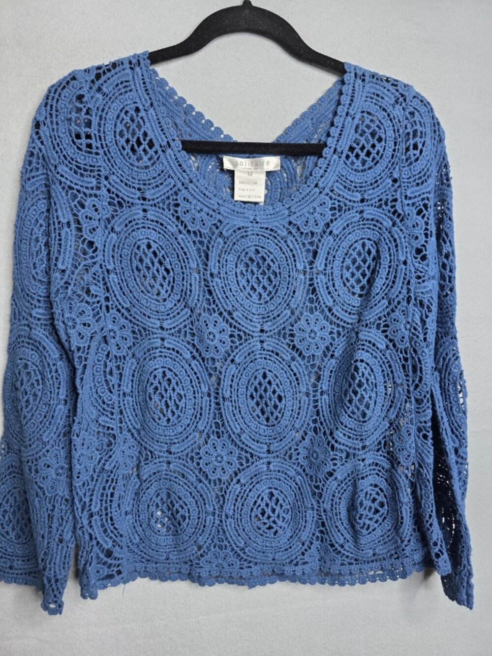 Solitaire Ravi Khosla Crochet Shirt Top Blue Cotton Size M Long Sleeve